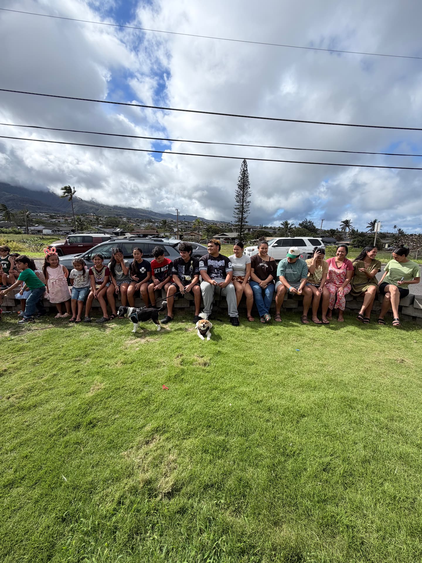 Families and keiki gathered together on a lawn at a Maui community event