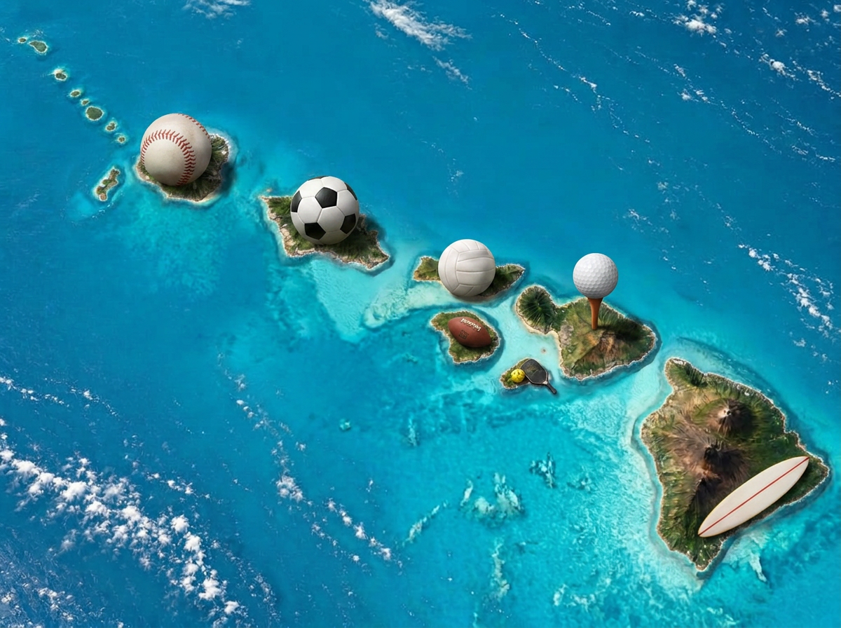 The Hawaiian island chain with a baseball, soccer ball, volleyball, golf ball on a tee, football, pickleball paddle and ball, and surfboard resting on the islands and ocean